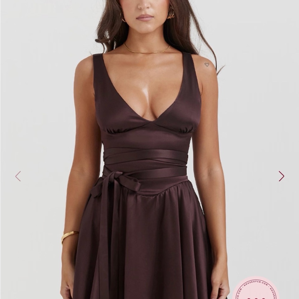 House of CB Chocolate Satin Wrap Midi Dress